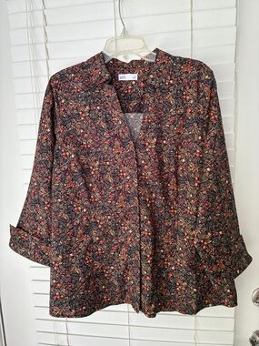 croft & barrow Shirt Top Button Down 3/4 Sleeve Floral SZ XL Blue Orange